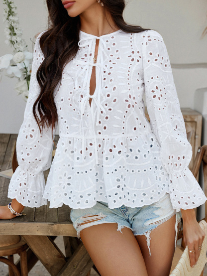 Elegant Loose Lace-Up Cardigan Solid Color Hollow-Out Women's Blouse