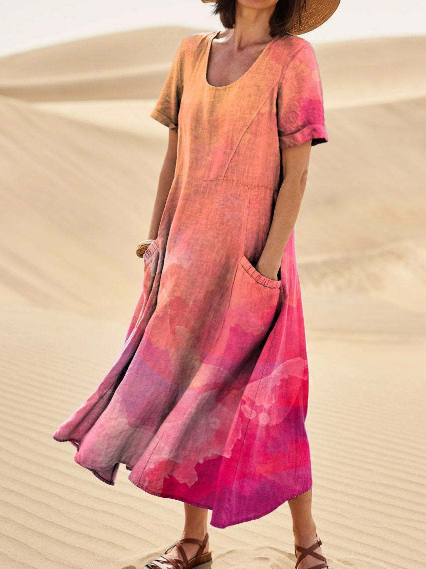 Women's Lovely Floral Art Print Casual Cotton Linen Pocket Dress