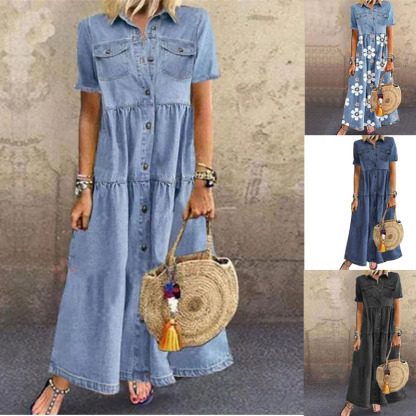 Elegant Denim Floral Print Long Dress