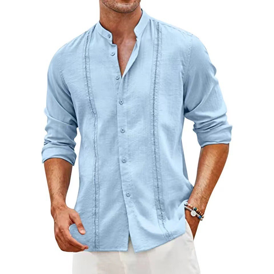 Men's Casual Stand Collar Button-Up Cotton Linen Shirt