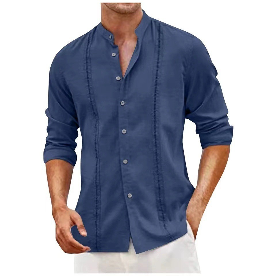 Men's Casual Stand Collar Button-Up Cotton Linen Shirt
