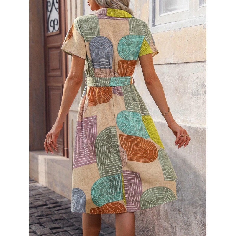 Printed Collared Neck Tie Waist Dress