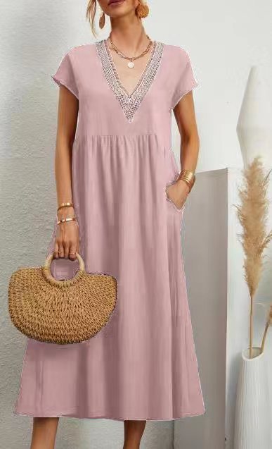 New Solid Color Lace-Trimmed V-Neck Sleeveless Cotton-Linen Pocket Dress