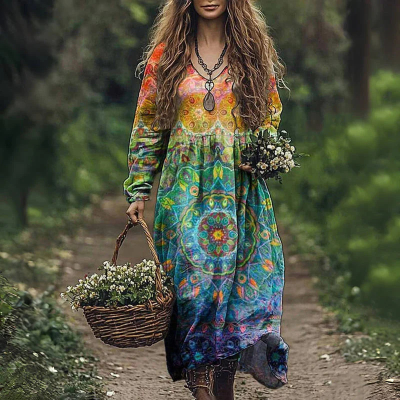 Vintage Floral Embroidery Women's Cotton Long Dress