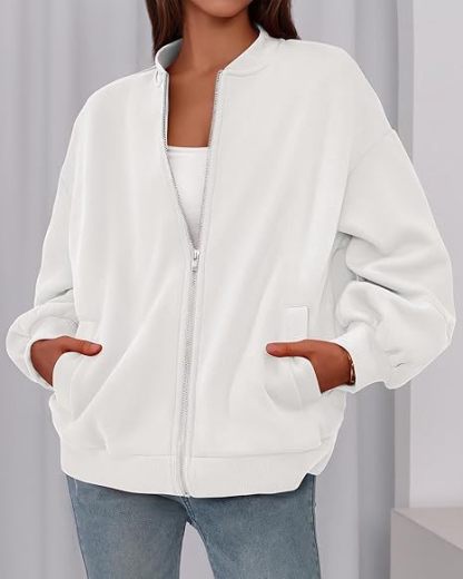 Women's Casual Zip-Up Jacket – Solid Color, Warm, Baseball Collar Design