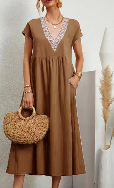 New Solid Color Lace-Trimmed V-Neck Sleeveless Cotton-Linen Pocket Dress