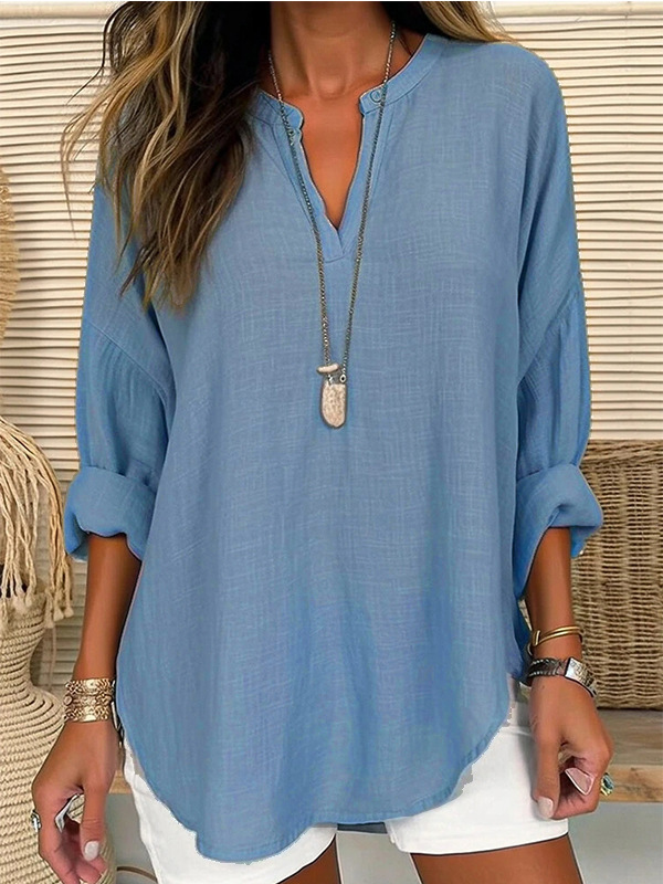 Women's Cotton Long Sleeve Round Neck Solid Color Loose Beach Shirt