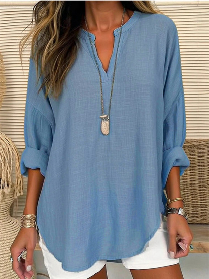 Women's Cotton Long Sleeve Round Neck Solid Color Loose Beach Shirt