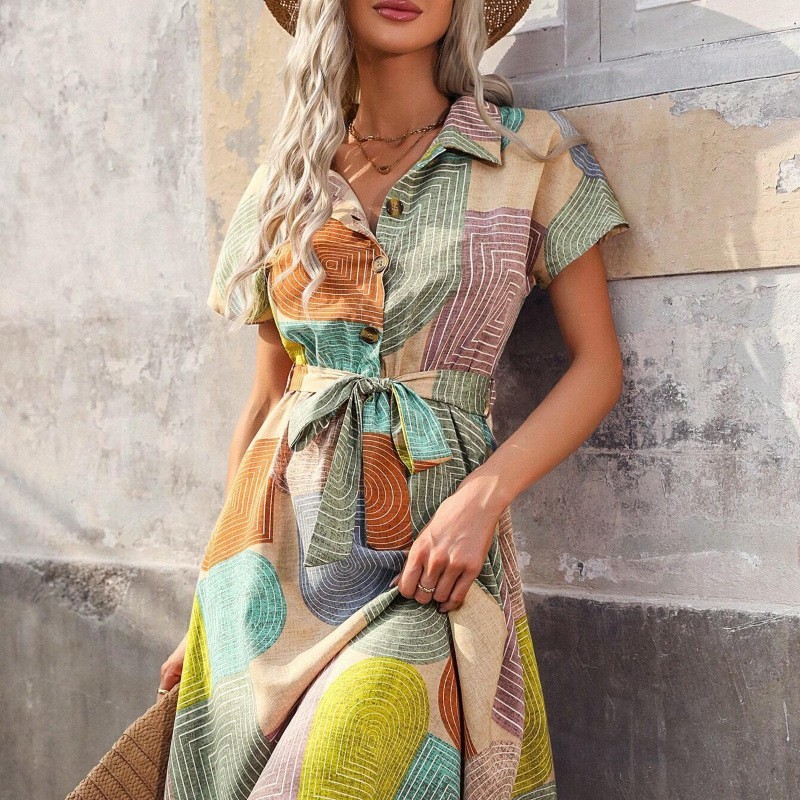 Printed Collared Neck Tie Waist Dress