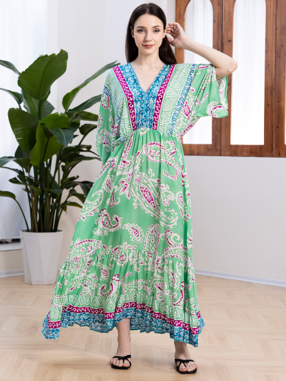Women's Elegant Loose Cotton Floral Print Dress-One Size