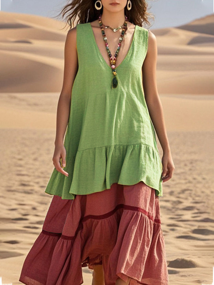 Women's Casual V-Neck Sleeveless Colorblock Patchwork Dress