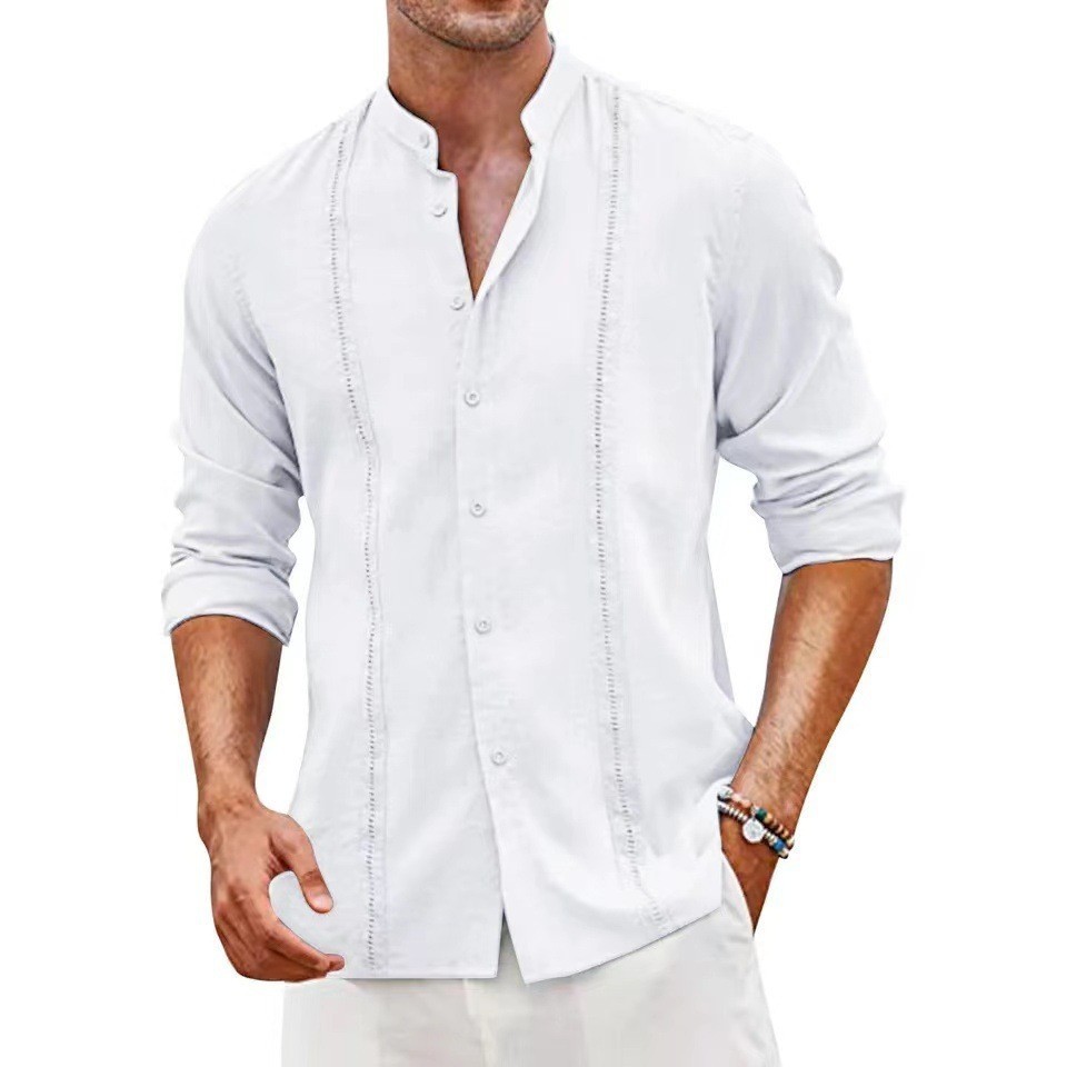 Men's Casual Stand Collar Button-Up Cotton Linen Shirt