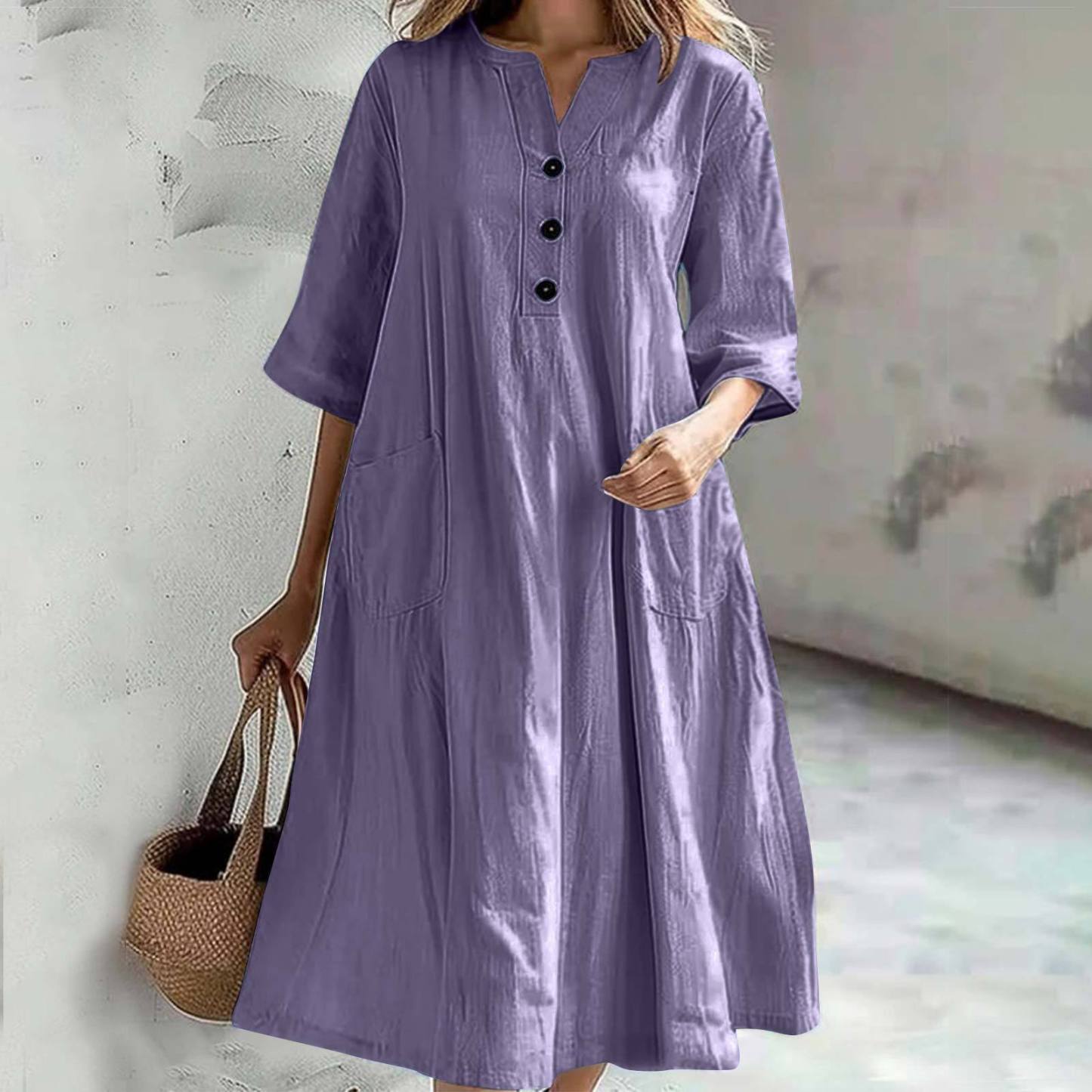 Women's Solid Color Shirt Collar Casual Cotton and Linen Loose Dress