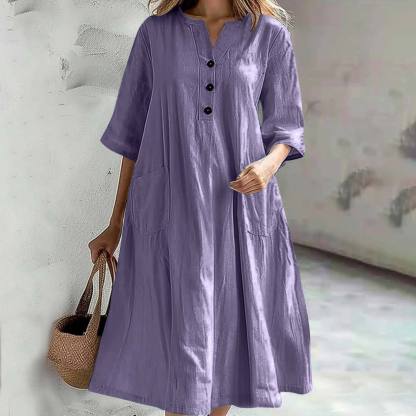 Women's Solid Color Shirt Collar Casual Cotton and Linen Loose Dress