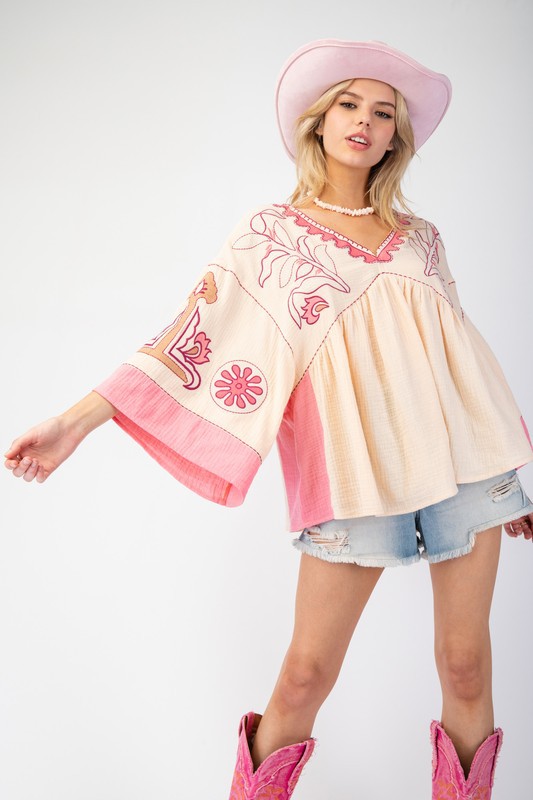 Women's Elegant V-Neck Patchwork Flared Sleeve Colorblock Loose Top