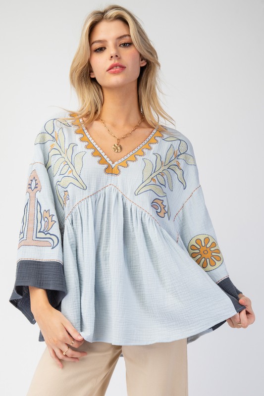Women's Elegant V-Neck Patchwork Flared Sleeve Colorblock Loose Top