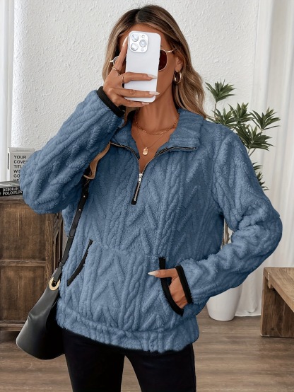 Women's Casual Pocket Zipper V Neck Lambswool Lining Sweatshirt