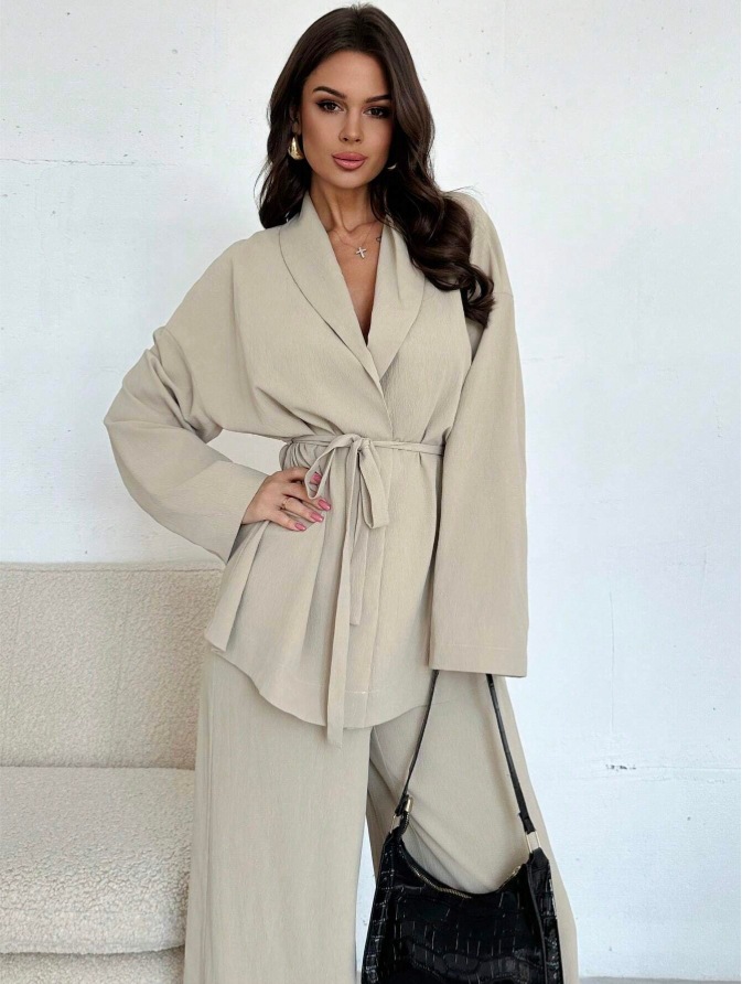 V-neck Elegant Long-Sleeve Wide-Leg Pantsuit