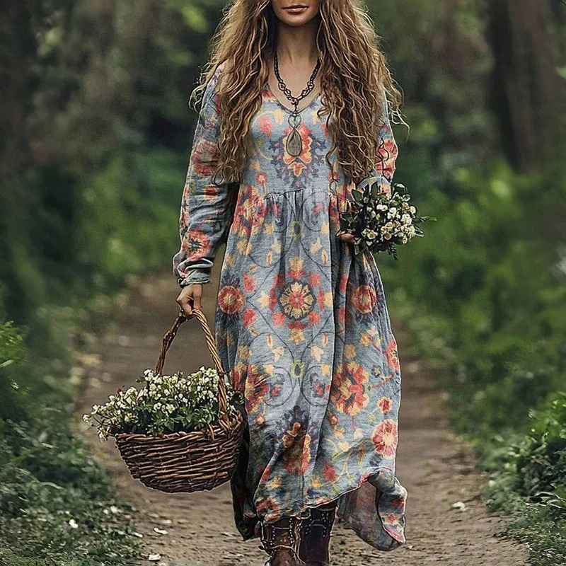 Vintage Floral Embroidery Women's Cotton Long Dress
