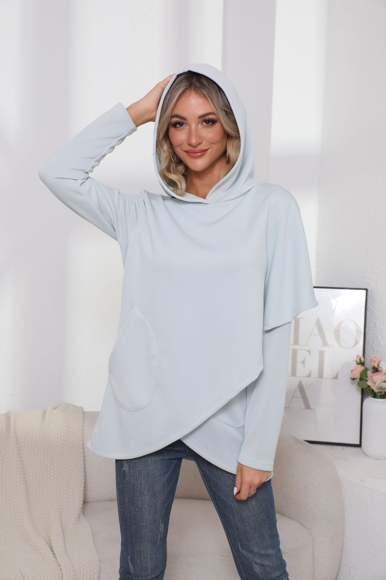 Women’s New Loose Elegant Hoodie – Long Sleeve Irregular Solid Color Sweatshirt