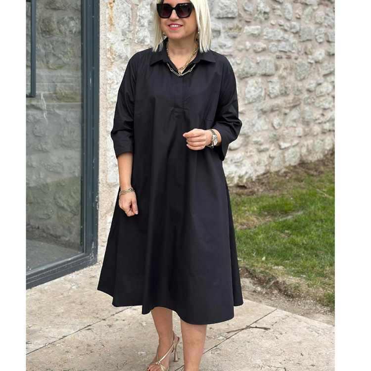 New Long Shirt Dress – Solid Color, Elegant Commuter Style with Turn-Down Collar