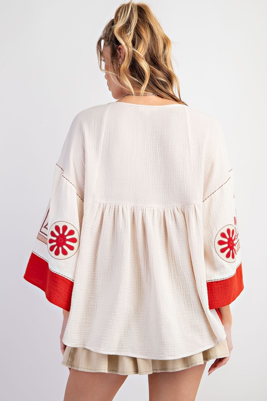 Women's Elegant V-Neck Patchwork Flared Sleeve Colorblock Loose Top