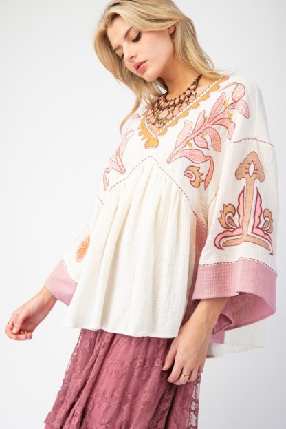 Women's Elegant V-Neck Patchwork Flared Sleeve Colorblock Loose Top