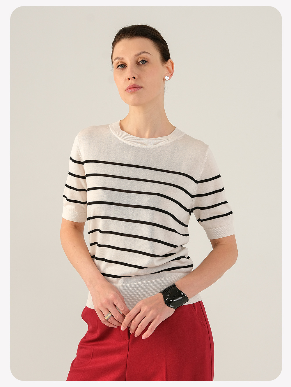 Women's Classic Striped Crew Neck Pullover Tencel Knit Top