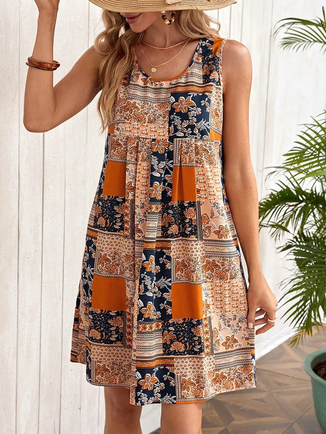 Women's Printed Cotton and Linen Elegant Dress