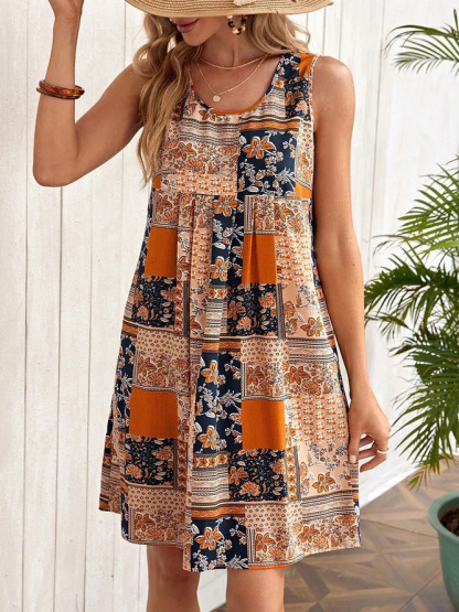 Women's Printed Cotton and Linen Elegant Dress