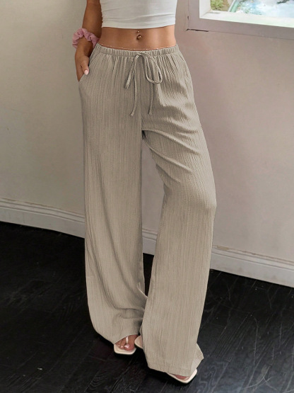 Slimming Wide Leg Pants Loose Drapey Pure Color High Waist Long Casual Trousers For Women Comfortable Breathable Elastic Waist