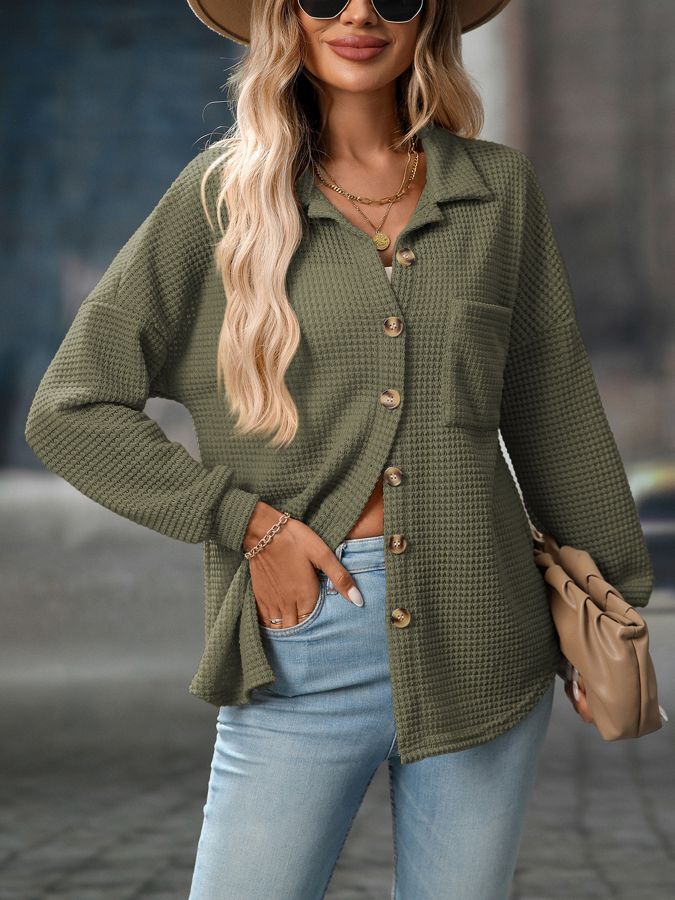 Women's Fashion Loose Waffle Knit Casual Versatile Commuter Shirt