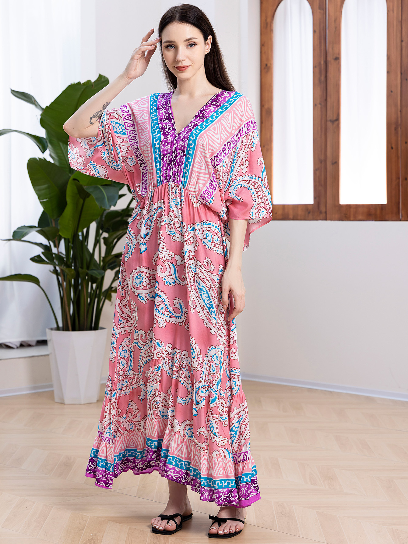 Women's Elegant Loose Cotton Floral Print Dress-One Size