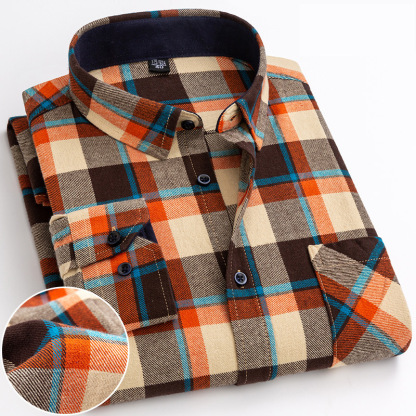 Men's Casual Plaid Shirt – Cotton Brushed, Polo Collar, All Seasons