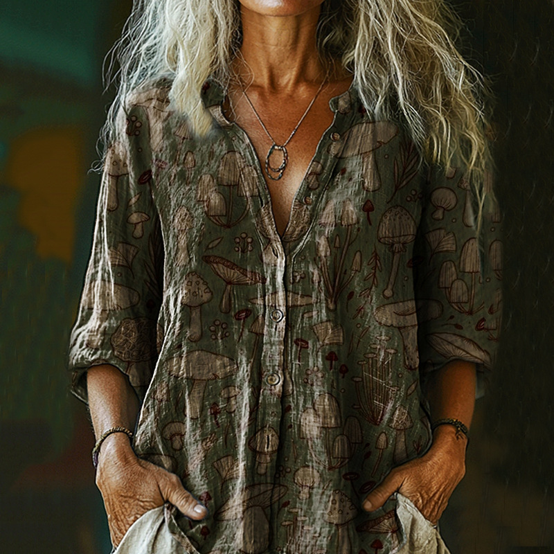 Bohemian Style Linen Floral Art Print Long Sleeve Shirt