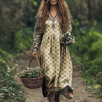 Vintage Floral Embroidery Women's Cotton Long Dress