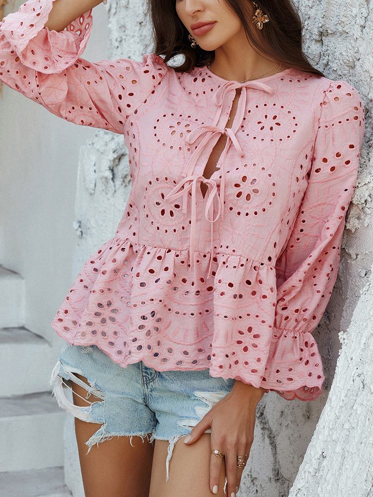 Elegant Loose Lace-Up Cardigan Solid Color Hollow-Out Women's Blouse