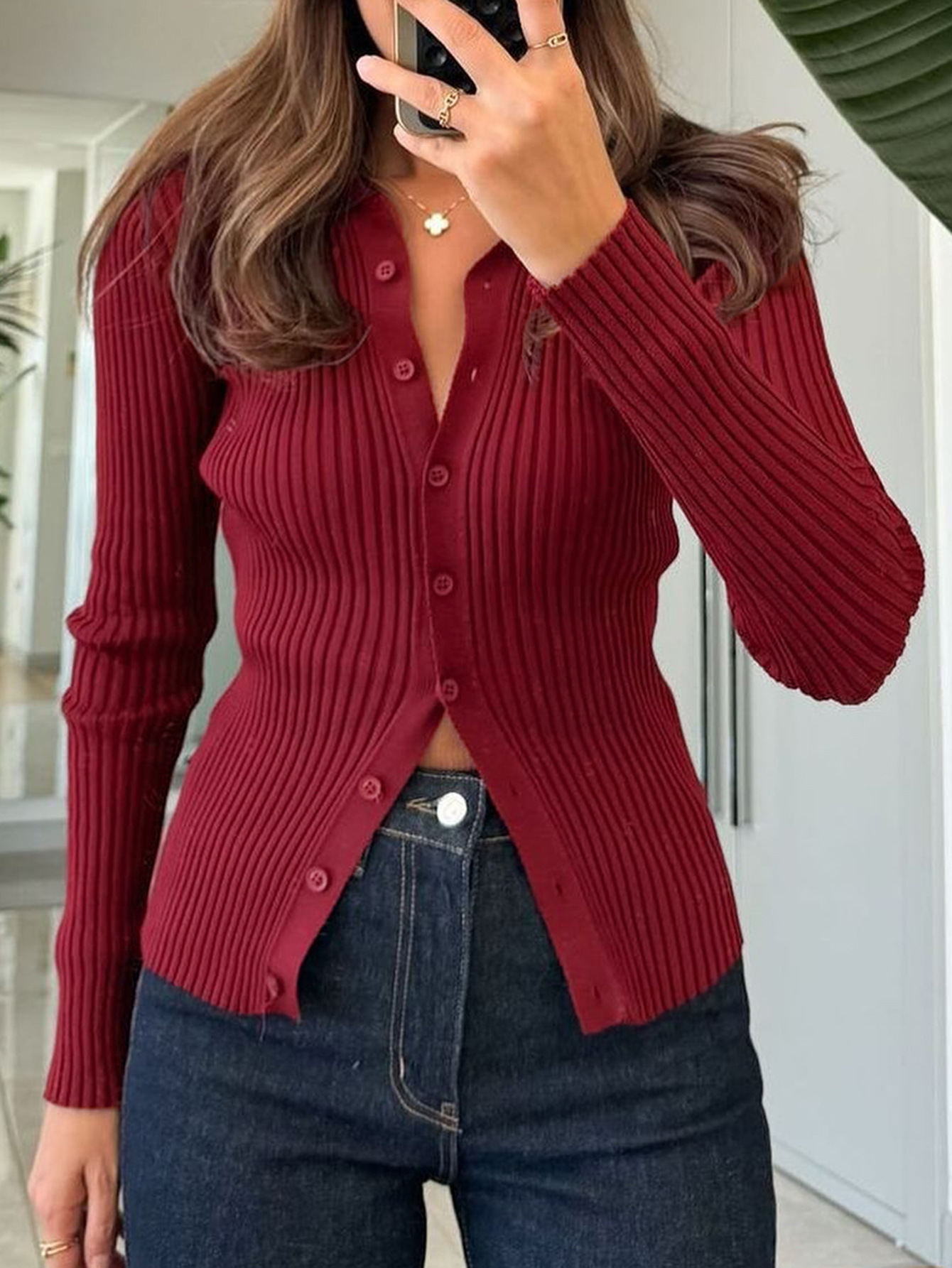 Women's Elegant Solid Color Long Sleeve Knitted Stretch Shirt