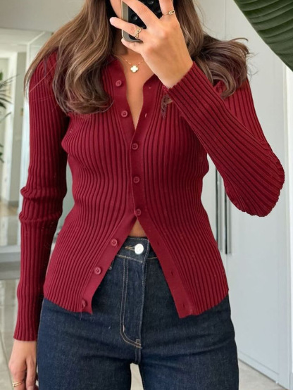 Women's Elegant Solid Color Long Sleeve Knitted Stretch Shirt