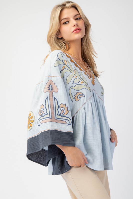 Women's Elegant V-Neck Patchwork Flared Sleeve Colorblock Loose Top