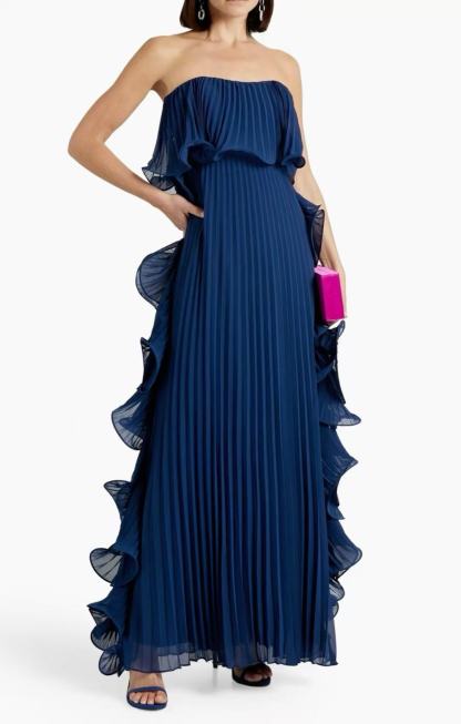 Elegant Chiffon Pleated Wavy Ruffles Trim Strapless Loose Maxi Dress