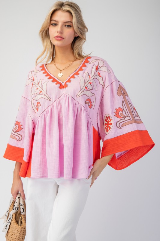 Women's Elegant V-Neck Patchwork Flared Sleeve Colorblock Loose Top