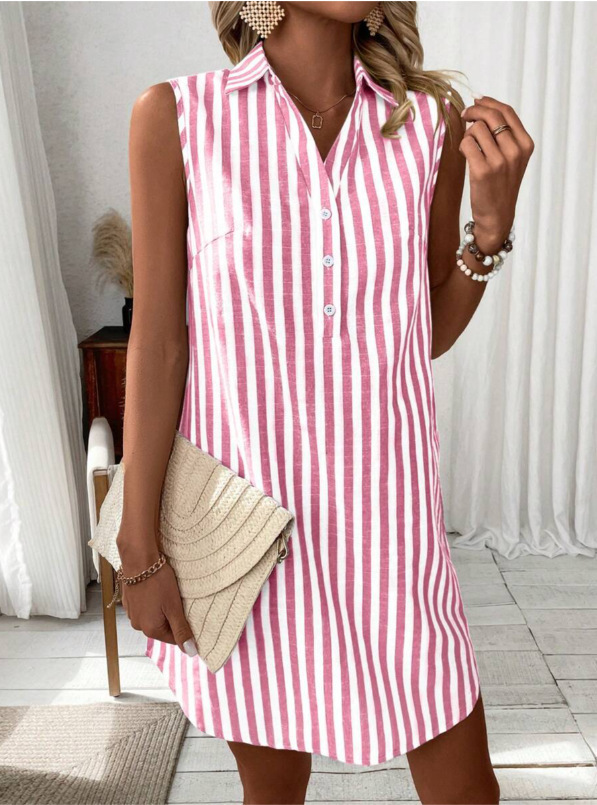 Women's Vintage Striped Button Sleeveless Cotton And Linen Dress