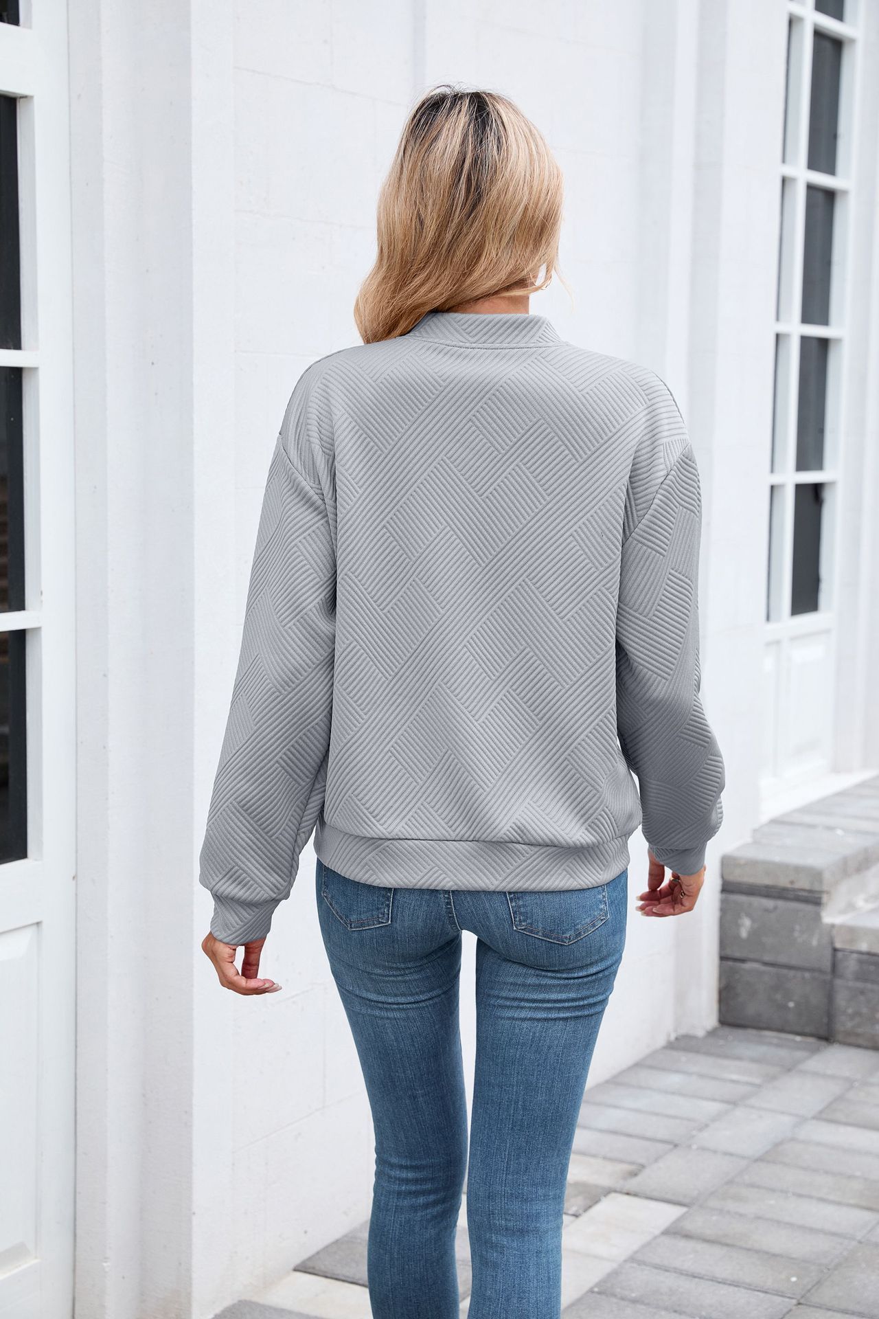 New solid color round neck zipper loose long sleeve sweatshirt baseball jacket