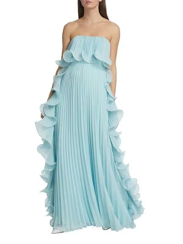 Elegant Chiffon Pleated Wavy Ruffles Trim Strapless Loose Maxi Dress