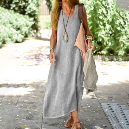 Women Fashion Casual Solid Color Cotton And Linen V-Neck Sleeveless Loose Dress