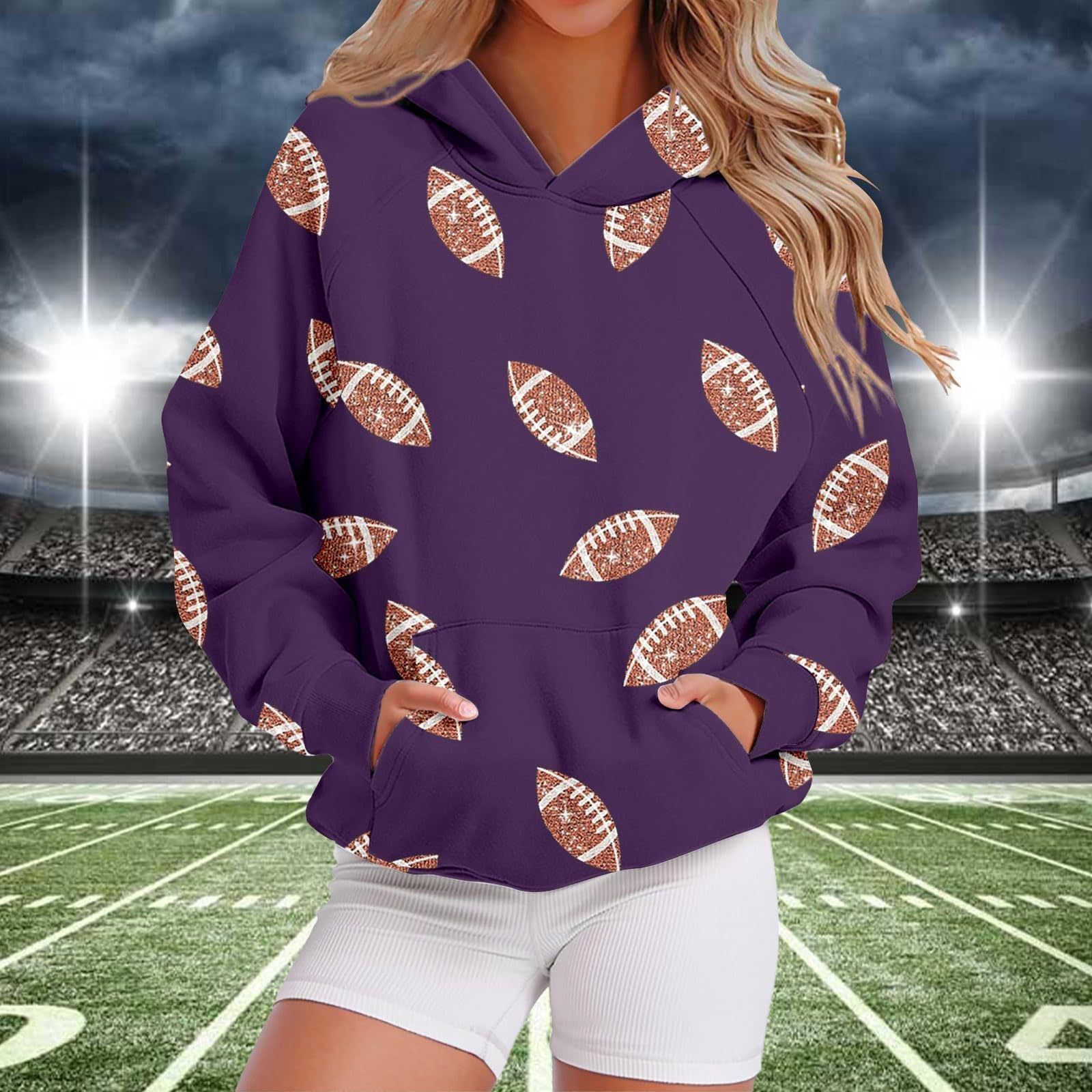 Women’s Sequin Football Hoodie – Long Sleeve Pullover with Pockets, Game Day Graphic Sweatshirt