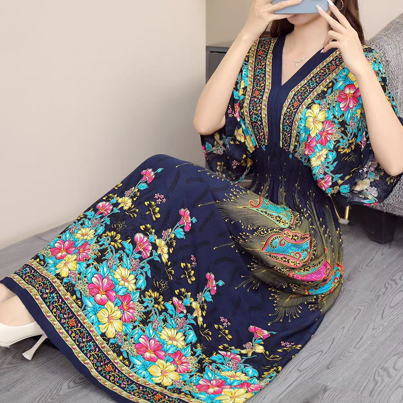 Women's Cotton Rayon Short-Sleeve French-Thai Style Printed Vacation Dress