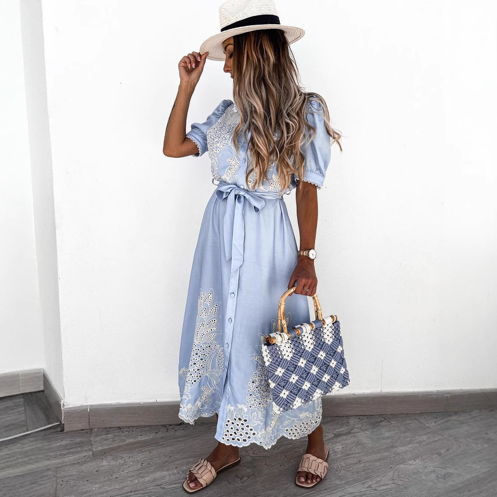 New Summer Elegant Hollow-Out Short-Sleeve Waist-Tie Flared Dress