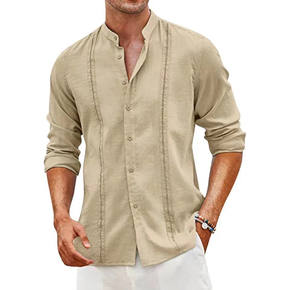 Men's Casual Stand Collar Button-Up Cotton Linen Shirt